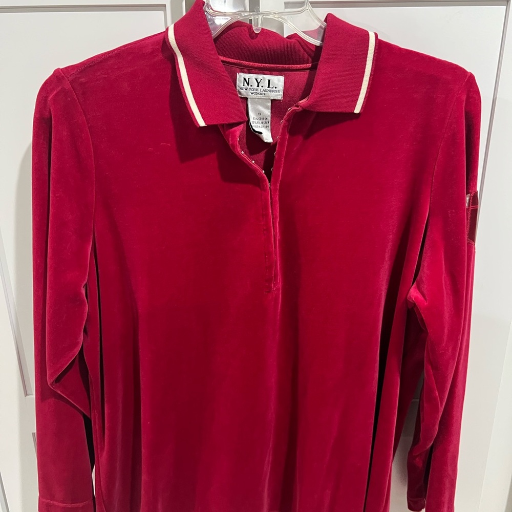 New York Laundry Red Velour Polo with White Trim
